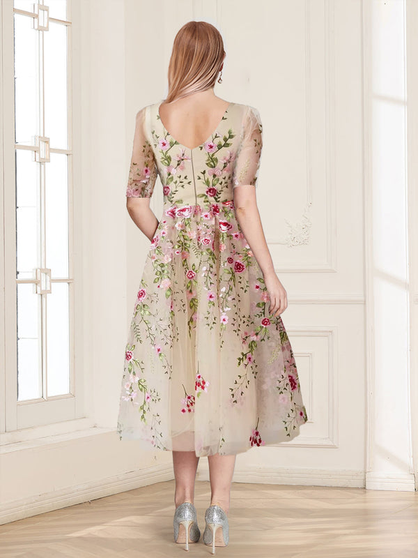 A-Line/Princess Scoop Half Sleeves Tea-Length Vintage Mother of the Bride Dresses with Embroidery Appliques