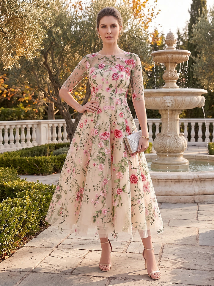A-Line/Princess Scoop Half Sleeves Tea-Length Vintage Mother of the Bride Dresses with Embroidery Appliques