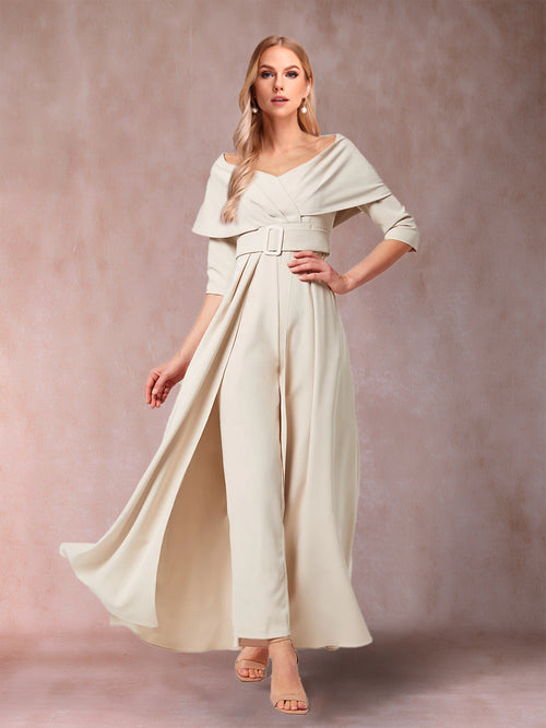 Chiffon V-Neck 3/4 Sleeves Floor-Length Pleated Mother of the Bride Pantsuits with Sash