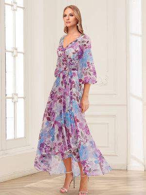 A-Line/Princess V-Neck 3/4 Sleeves High-Low Printed Floral Mother of the Bride Dresses