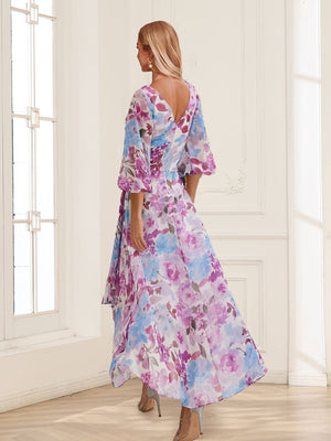 A-Line/Princess V-Neck 3/4 Sleeves High-Low Printed Floral Mother of the Bride Dresses