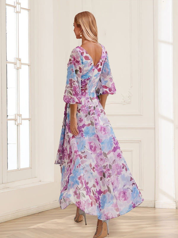 A-Line/Princess V-Neck 3/4 Sleeves High-Low Printed Floral Mother of the Bride Dresses