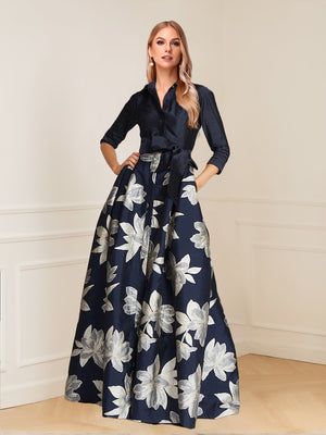 A-Line/Princess Shirt Collar Floor-Length 3/4 Sleeves Printed Floral Mother of the Bride Dresses