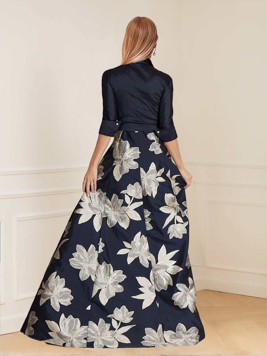 A-Line/Princess Shirt Collar Floor-Length 3/4 Sleeves Printed Floral Mother of the Bride Dresses