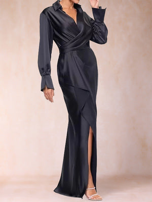 Sheath/Column Shirt Collar Floor-Length Long Sleeves Mother of the Bride Dresses with Ruffles