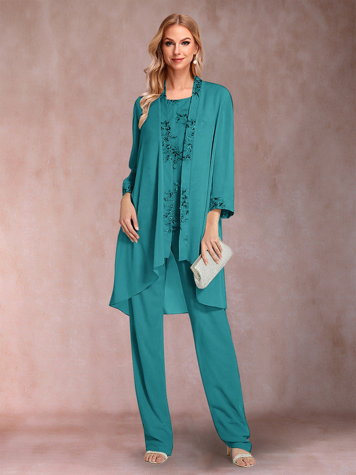 Chiffon Scoop Long Sleeves Floor-Length 3 Pieces Mother of the Bride Pantsuits with Appliques