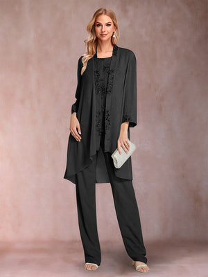 Chiffon Scoop Long Sleeves Floor-Length 3 Pieces Mother of the Bride Pantsuits with Appliques