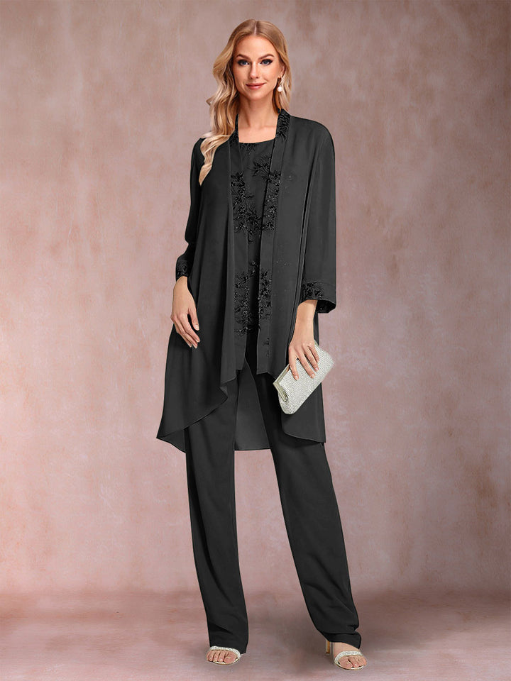 Chiffon Scoop Long Sleeves Floor-Length 3 Pieces Mother of the Bride Pantsuits with Appliques