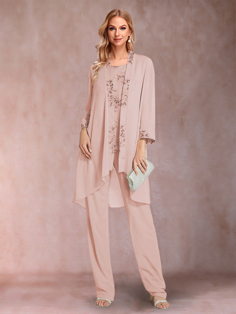 Chiffon Scoop Long Sleeves Floor-Length 3 Pieces Mother of the Bride Pantsuits with Appliques