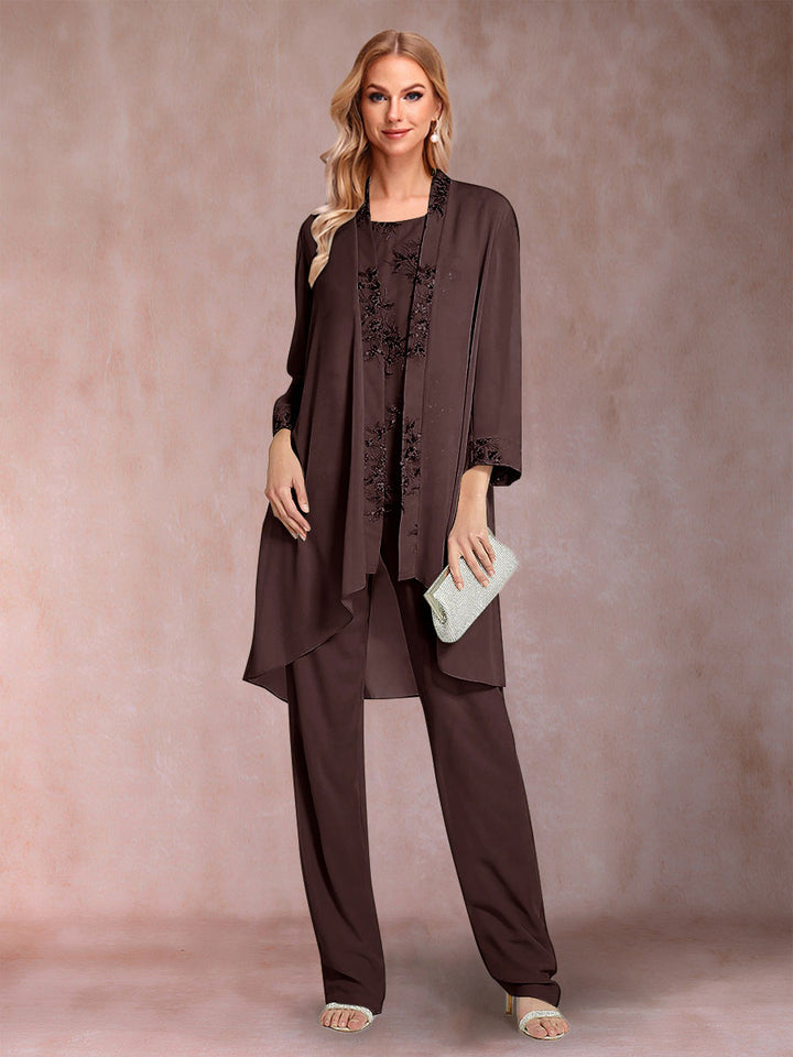 Chiffon Scoop Long Sleeves Floor-Length 3 Pieces Mother of the Bride Pantsuits with Appliques