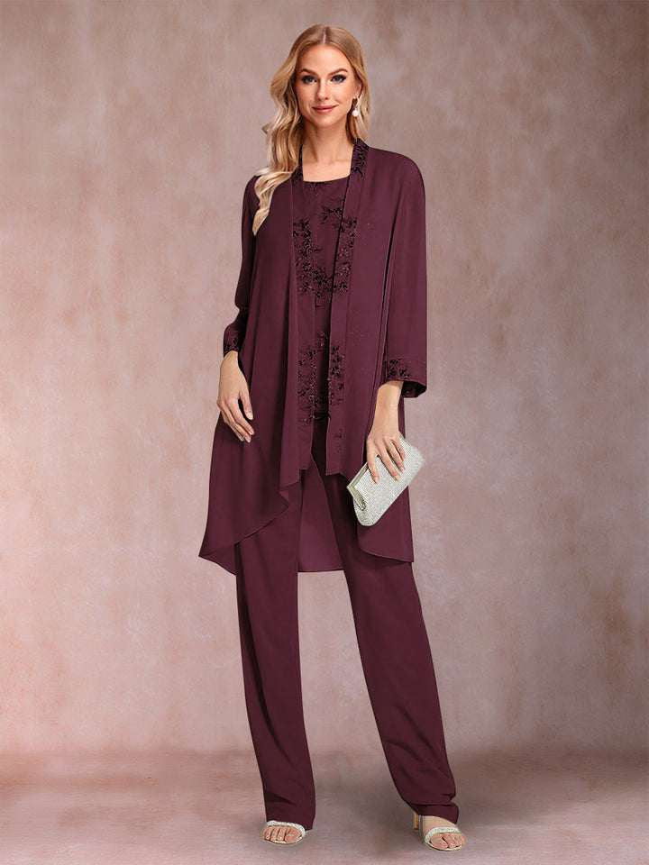 Chiffon Scoop Long Sleeves Floor-Length 3 Pieces Mother of the Bride Pantsuits with Appliques