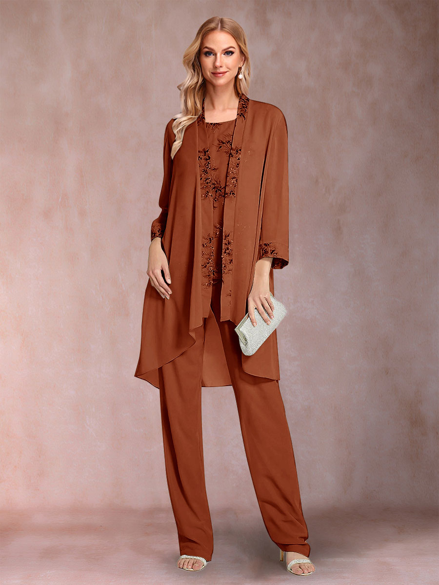 Chiffon Scoop Long Sleeves Floor-Length 3 Pieces Mother of the Bride Pantsuits with Appliques