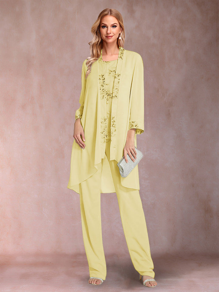 Chiffon Scoop Long Sleeves Floor-Length 3 Pieces Mother of the Bride Pantsuits with Appliques