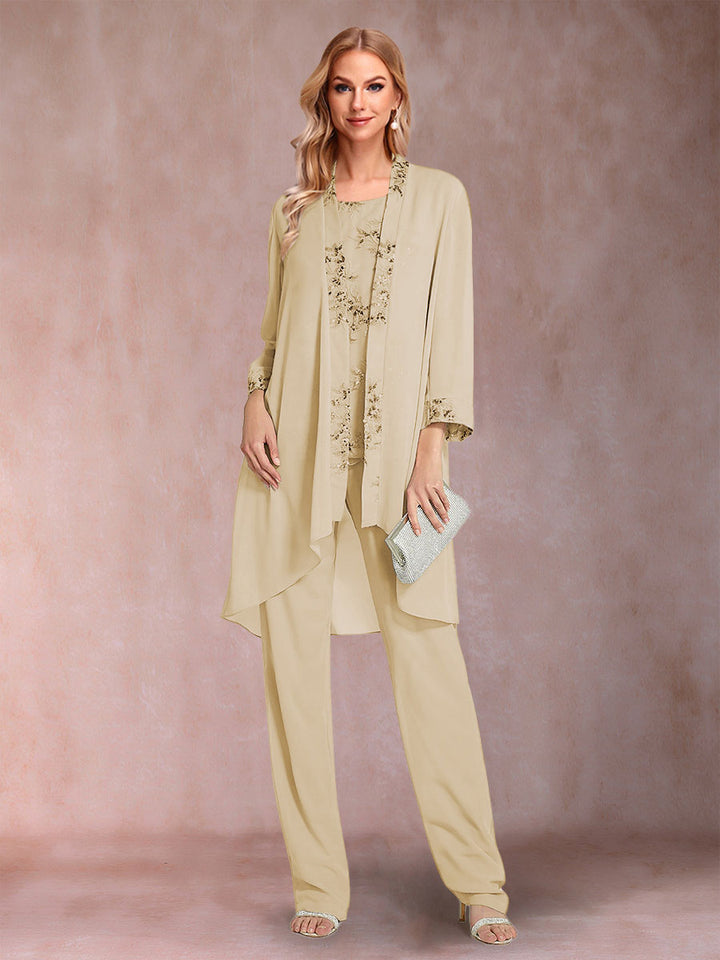 Chiffon Scoop Long Sleeves Floor-Length 3 Pieces Mother of the Bride Pantsuits with Appliques
