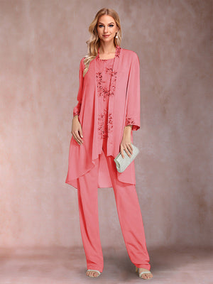 Chiffon Scoop Long Sleeves Floor-Length 3 Pieces Mother of the Bride Pantsuits with Appliques