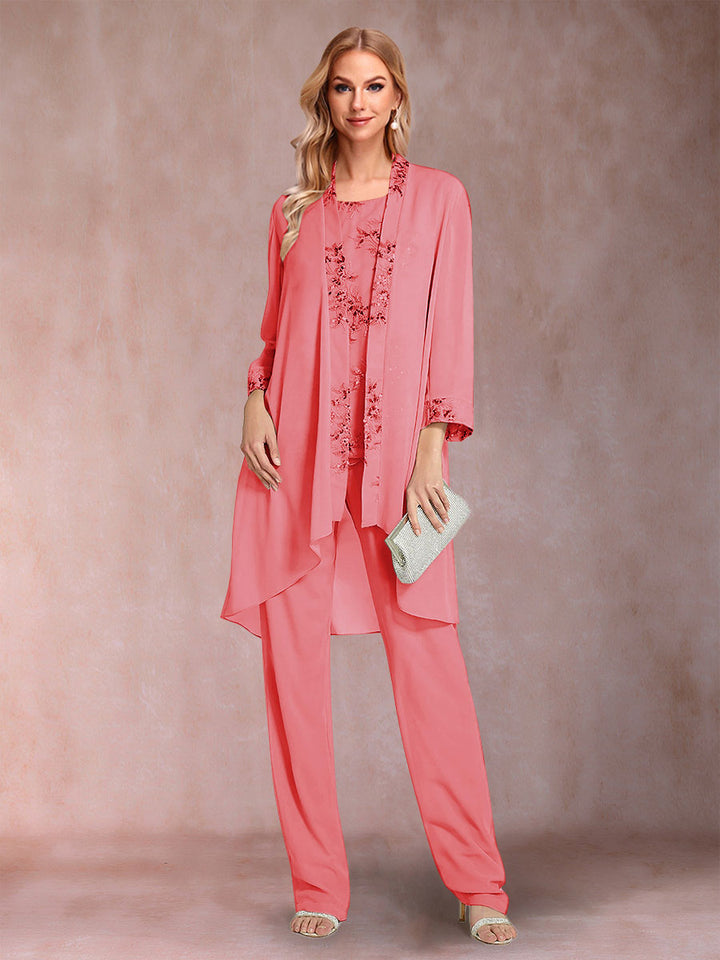Chiffon Scoop Long Sleeves Floor-Length 3 Pieces Mother of the Bride Pantsuits with Appliques