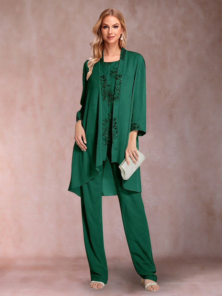 Chiffon Scoop Long Sleeves Floor-Length 3 Pieces Mother of the Bride Pantsuits with Appliques