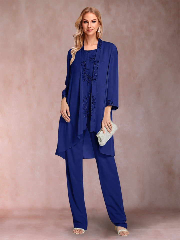 Chiffon Scoop Long Sleeves Floor-Length 3 Pieces Mother of the Bride Pantsuits with Appliques