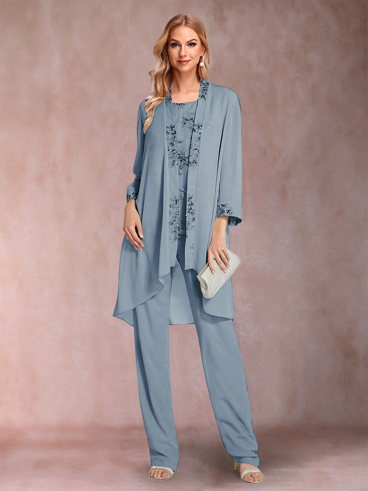 Chiffon Scoop Long Sleeves Floor-Length 3 Pieces Mother of the Bride Pantsuits with Appliques