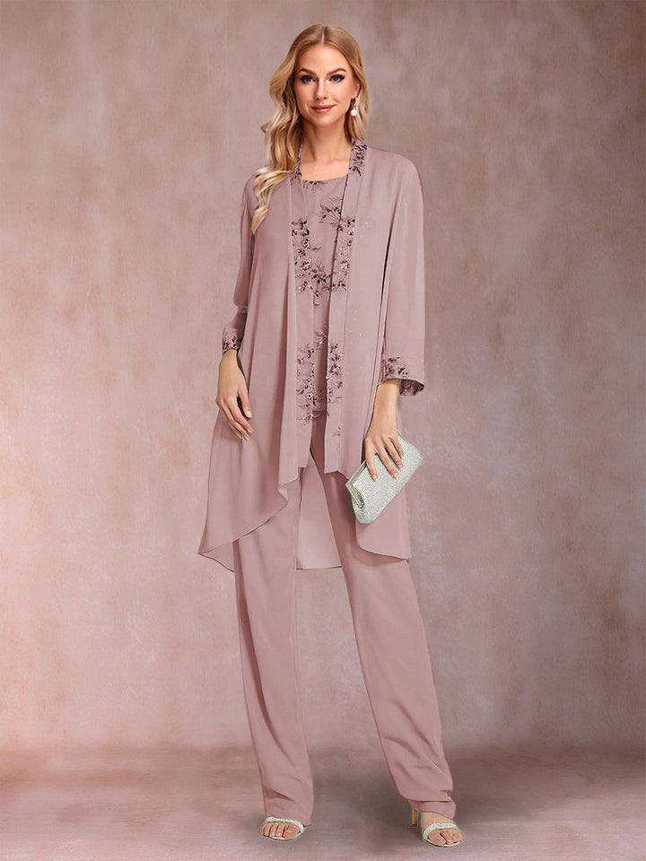 Chiffon Scoop Long Sleeves Floor-Length 3 Pieces Mother of the Bride Pantsuits with Appliques