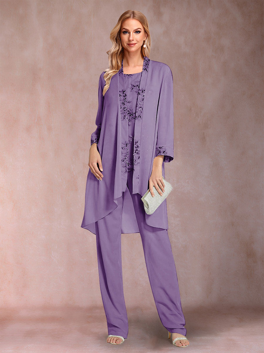 Chiffon Scoop Long Sleeves Floor-Length 3 Pieces Mother of the Bride Pantsuits with Appliques