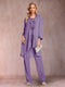 Chiffon Scoop Long Sleeves Floor-Length 3 Pieces Mother of the Bride Pantsuits with Appliques