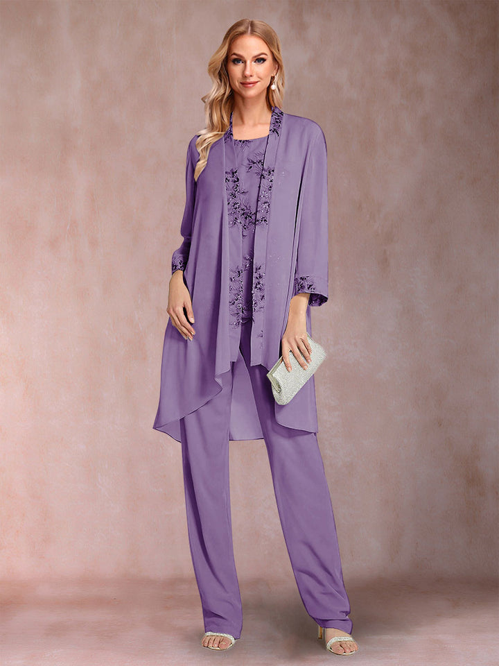 Chiffon Scoop Long Sleeves Floor-Length 3 Pieces Mother of the Bride Pantsuits with Appliques