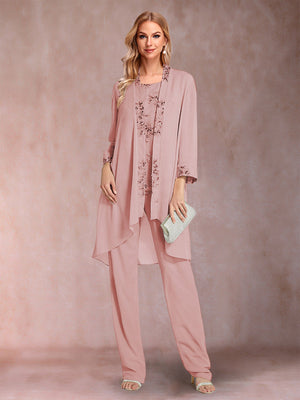 Chiffon Scoop Long Sleeves Floor-Length 3 Pieces Mother of the Bride Pantsuits with Appliques