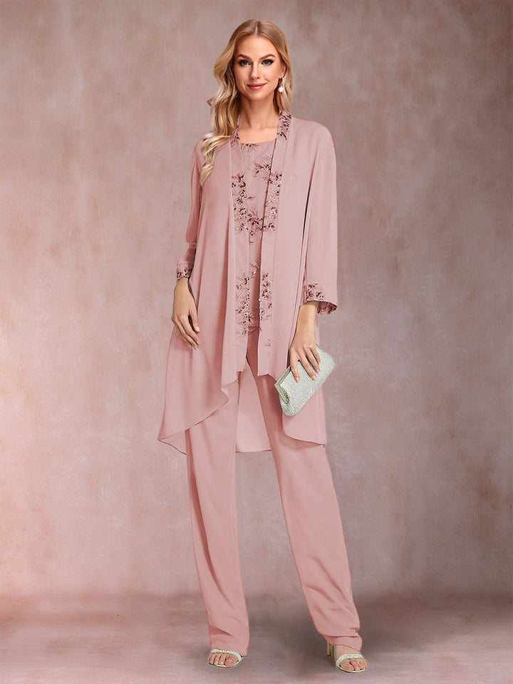 Chiffon Scoop Long Sleeves Floor-Length 3 Pieces Mother of the Bride Pantsuits with Appliques