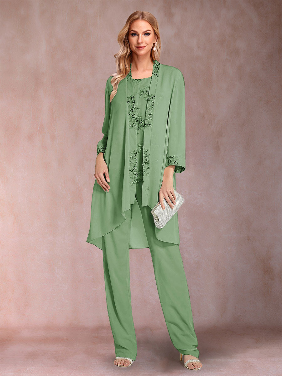 Chiffon Scoop Long Sleeves Floor-Length 3 Pieces Mother of the Bride Pantsuits with Appliques