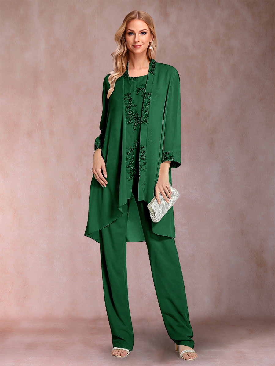 Chiffon Scoop Long Sleeves Floor-Length 3 Pieces Mother of the Bride Pantsuits with Appliques