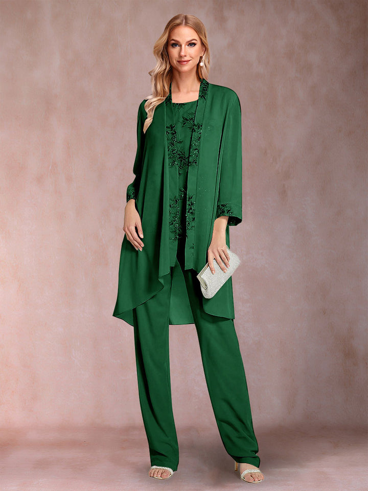 Chiffon Scoop Long Sleeves Floor-Length 3 Pieces Mother of the Bride Pantsuits with Appliques
