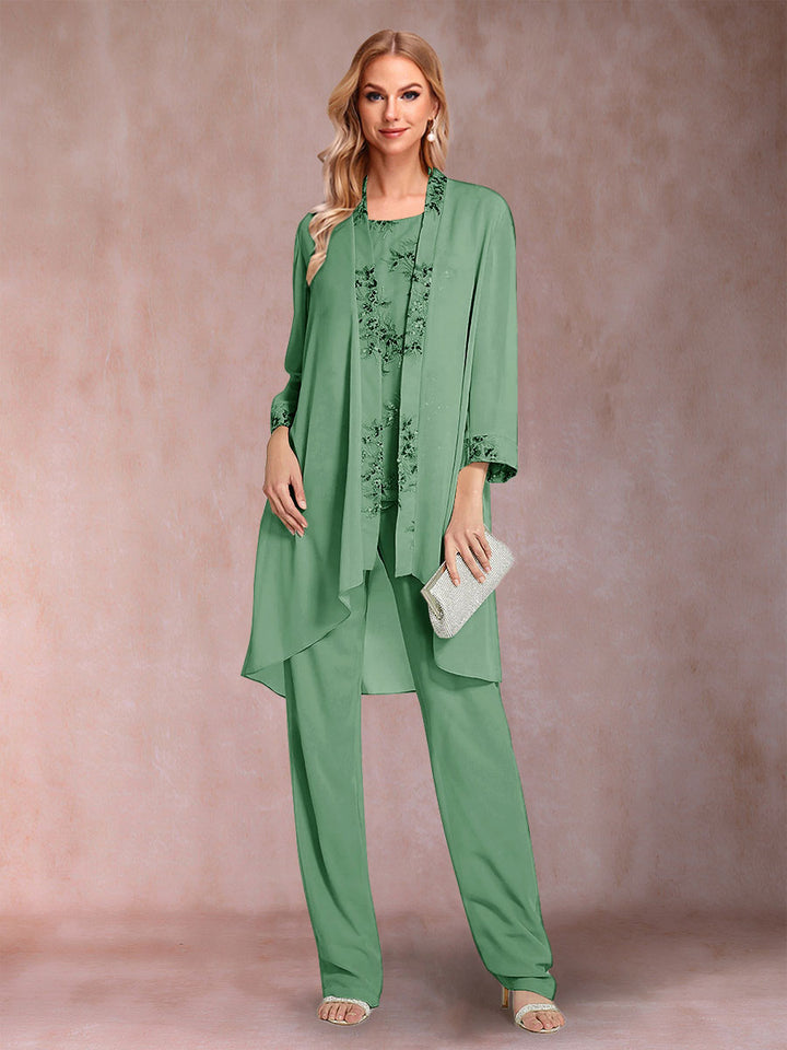 Chiffon Scoop Long Sleeves Floor-Length 3 Pieces Mother of the Bride Pantsuits with Appliques