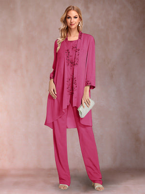 Chiffon Scoop Long Sleeves Floor-Length 3 Pieces Mother of the Bride Pantsuits with Appliques