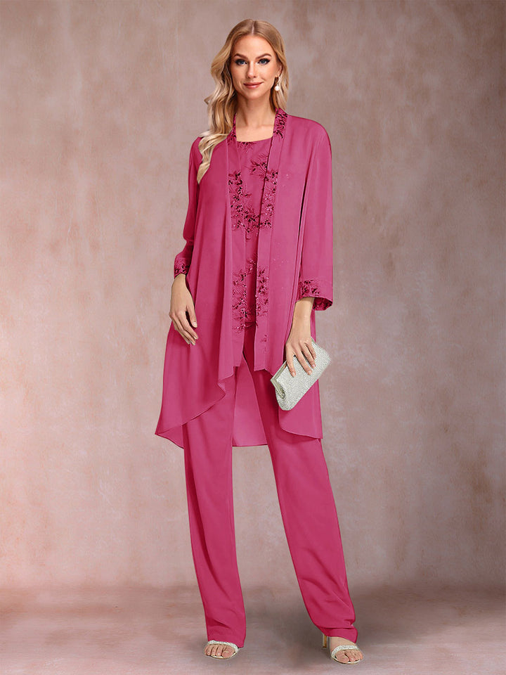 Chiffon Scoop Long Sleeves Floor-Length 3 Pieces Mother of the Bride Pantsuits with Appliques