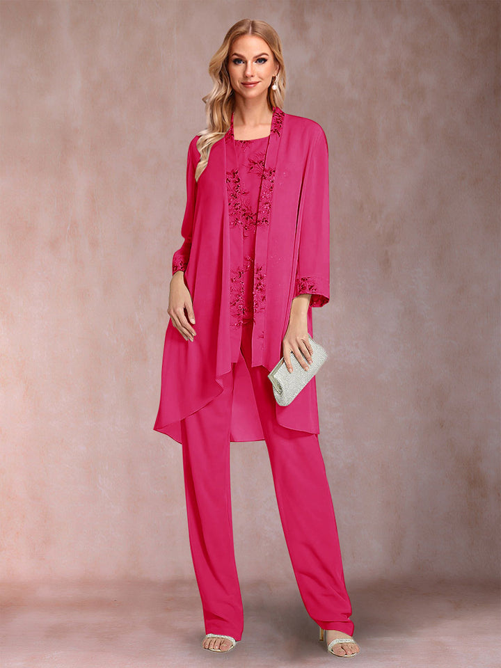 Chiffon Scoop Long Sleeves Floor-Length 3 Pieces Mother of the Bride Pantsuits with Appliques