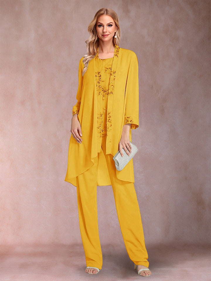 Chiffon Scoop Long Sleeves Floor-Length 3 Pieces Mother of the Bride Pantsuits with Appliques