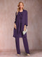 Chiffon Scoop Long Sleeves Floor-Length 3 Pieces Mother of the Bride Pantsuits with Appliques