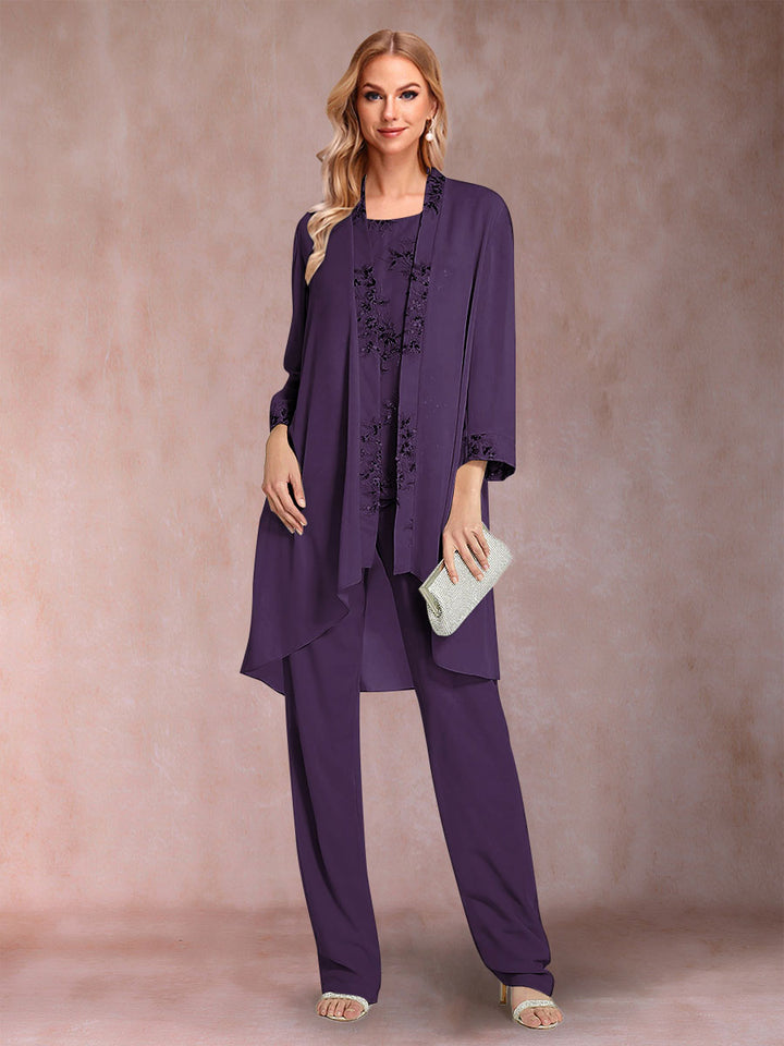 Chiffon Scoop Long Sleeves Floor-Length 3 Pieces Mother of the Bride Pantsuits with Appliques