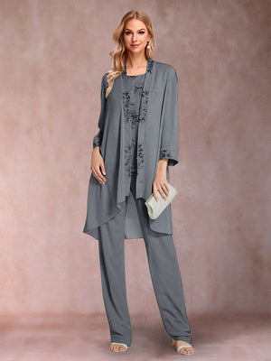 Chiffon Scoop Long Sleeves Floor-Length 3 Pieces Mother of the Bride Pantsuits with Appliques
