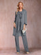 Chiffon Scoop Long Sleeves Floor-Length 3 Pieces Mother of the Bride Pantsuits with Appliques
