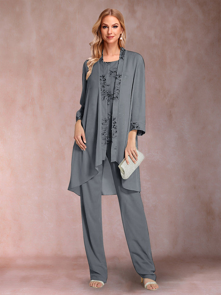 Chiffon Scoop Long Sleeves Floor-Length 3 Pieces Mother of the Bride Pantsuits with Appliques
