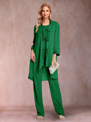 Chiffon Scoop Long Sleeves Floor-Length 3 Pieces Mother of the Bride Pantsuits with Appliques