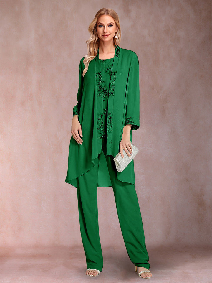 Chiffon Scoop Long Sleeves Floor-Length 3 Pieces Mother of the Bride Pantsuits with Appliques