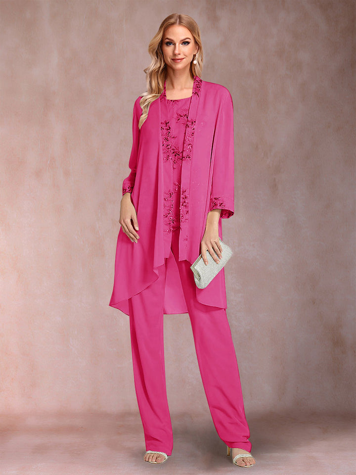 Chiffon Scoop Long Sleeves Floor-Length 3 Pieces Mother of the Bride Pantsuits with Appliques