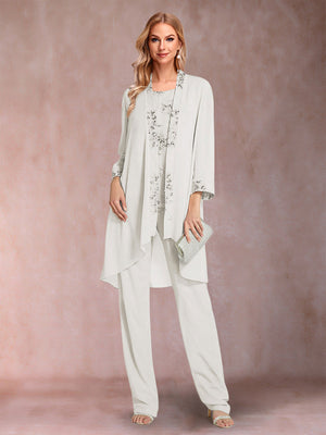 Chiffon Scoop Long Sleeves Floor-Length 3 Pieces Mother of the Bride Pantsuits with Appliques
