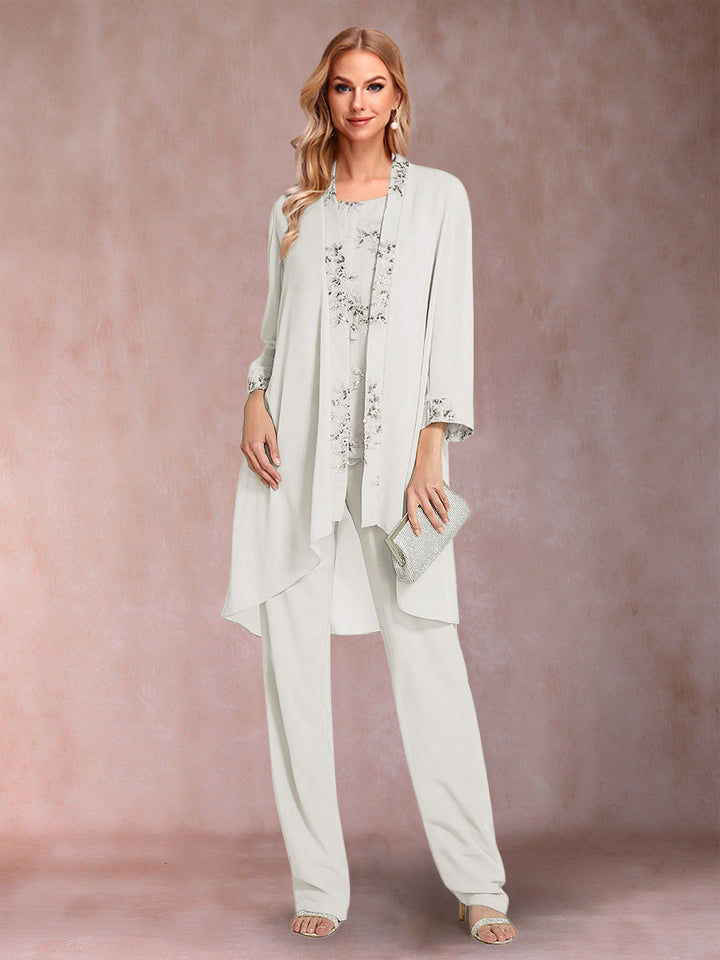 Chiffon Scoop Long Sleeves Floor-Length 3 Pieces Mother of the Bride Pantsuits with Appliques