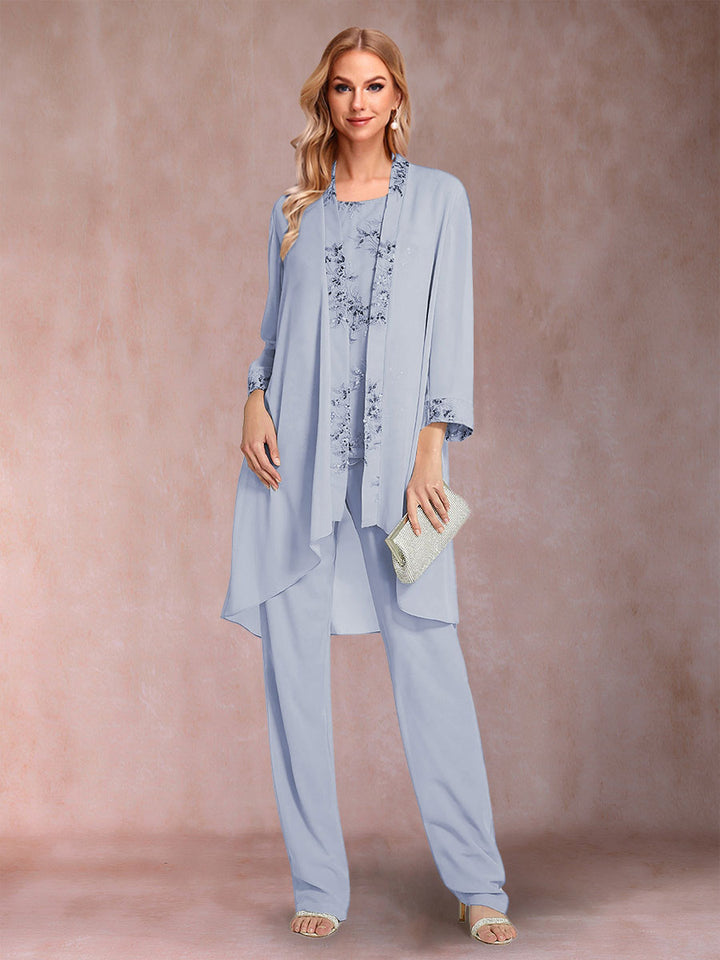 Chiffon Scoop Long Sleeves Floor-Length 3 Pieces Mother of the Bride Pantsuits with Appliques