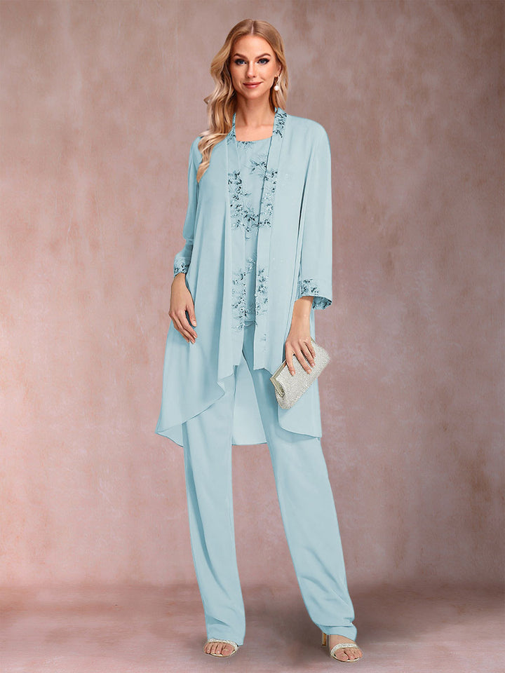 Chiffon Scoop Long Sleeves Floor-Length 3 Pieces Mother of the Bride Pantsuits with Appliques