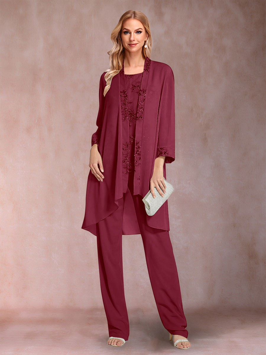 Chiffon Scoop Long Sleeves Floor-Length 3 Pieces Mother of the Bride Pantsuits with Appliques